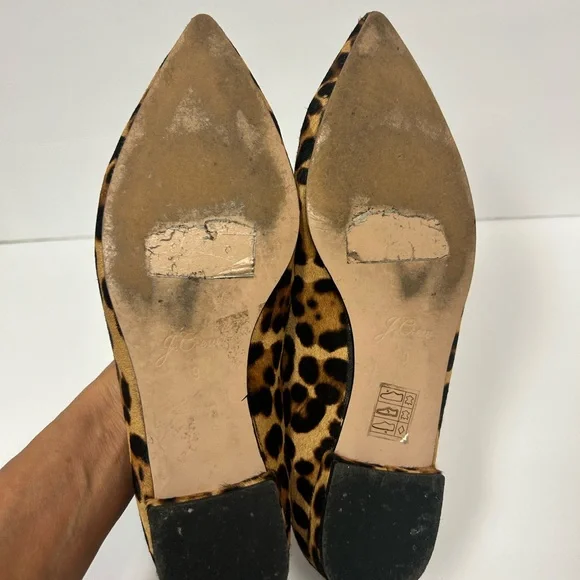 J Crew Leopard Print Shoes Women 9 Calf Hair Ballet Flats Pointed Toe Tan Brown - Picture 11 of 14